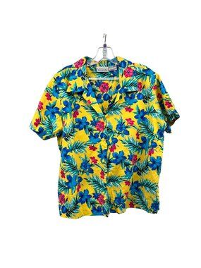 Basic Editions Womens Floral Button Up Top Short Sleeve Tropical Size XL